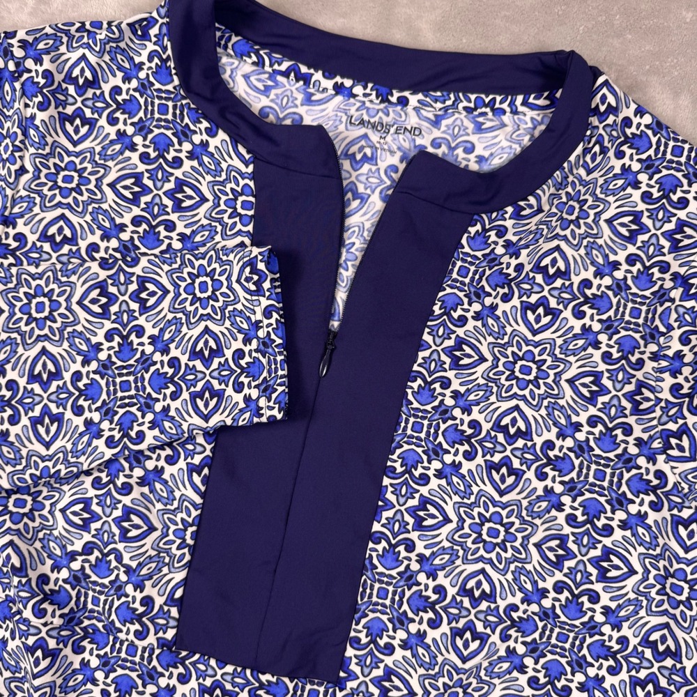 Lands' End Quarter Zip LS Rash Guard Swim Top Women M 10-12 Blue Medallion